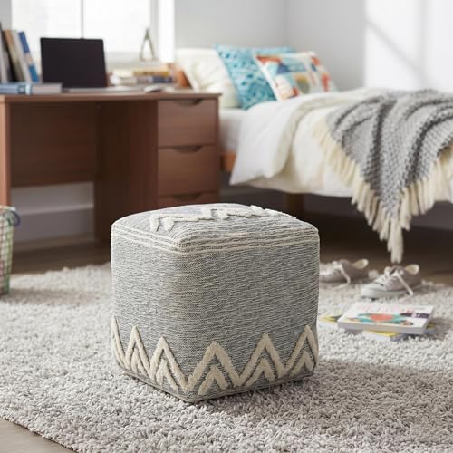 LR Home Gray/Ivory Geometric Hand-Woven Polyester Ottoman Pouf for Home Decor | Modern Transitional Foot Rest for Bedroom & Living Room Decor | 16 x 16 x 16 Stuffed Ottoman for Seating - color: Gray/Ivory, size: 16"D x 16"W x 16"H