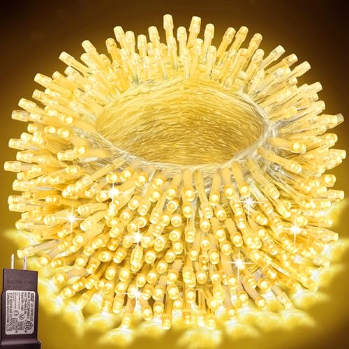 Pooqla 200 LED String Lights Indoor Outdoor, 66 ft Warm White Christmas Lights Plug in with Timer, Connectable 8 Modes Waterproof Clear Wire Twinkle Fairy Lights for Bedroom Party Classroom Decor - color: Warm White, size: 200LED