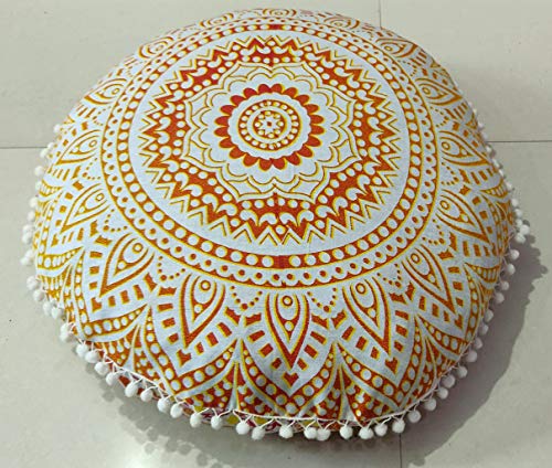 CRAFT KALA Mandala Floor Pillow Cushion Cover Seating Throw Cover Hippie Decorative Bohemian Ottoman Poufs Pom Pom Pillow Cases Boho Indian Cotton Living Room Yoga Home Décor (24" Round, Yellow Ombre) - color: Yellow Ombre, size: 24" x 24" (Pack of 1)