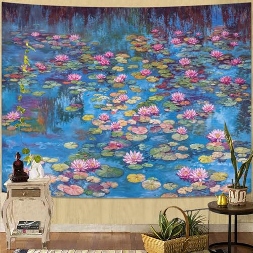 kampdream Landscape Tapestry, Scenery Art Wall Tapestries, Nature Wall Decor for Bedroom Living Room Backdrop Blue Impressionist Pond Lotus 60×80 inches - color: Blue Pond, size: 80"L x 60"W