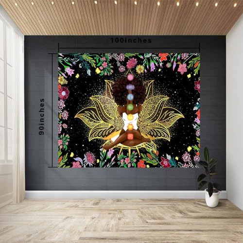 Ine Ive African Chakra Tapestry African American Woman Zen Meditation Tapestries100x90 Inch Starry Sky Flower Garden Inspirational Afro Yoga Wall Art for Bedroom Dorm Decor - size: 100"L x 90"W