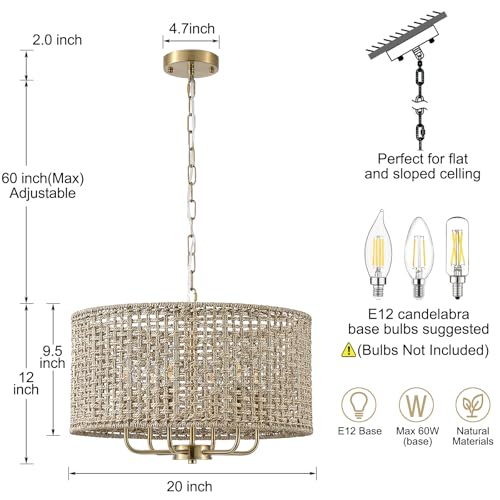 20" Rattan Hand-Woven Boho Chandelier for Dining Room, 6-Light Rattan Drum Wicker Farmhouse Large Vintage Chandelier Pendant Light Fixture for Kitchen Island Entryway(Gold) - color: Gold 6-Light 20" Drum