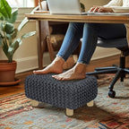 COTTON CRAFT Braided Footrest - Handknitted Dori Foot Stool with Sturdy Wood Legs – Handmade Boho Leg Rest - Small Spaces Under Desk Living Room Entryway Low Footstool Pouf - 16.5x12x9.5 - Grey - color: Cotton - Grey