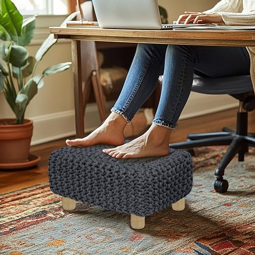 COTTON CRAFT Braided Footrest - Handknitted Dori Foot Stool with Sturdy Wood Legs – Handmade Boho Leg Rest - Small Spaces Under Desk Living Room Entryway Low Footstool Pouf - 16.5x12x9.5 - Grey - color: Cotton - Grey