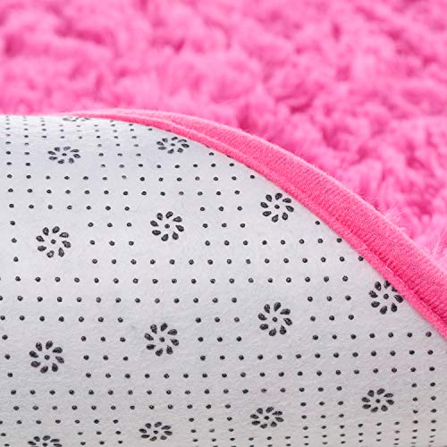 junovo Ultra Soft Washable Shaggy Rug - Non-Slip Oval Carpet for Nursery, Kids Bedroom & Home Decor (2.6x5.3ft Hot-Pink) | Plush Fluffy Floor Mat for Cozy Living Spaces - color: Hot-pink, size: 2.6' x 5.3'