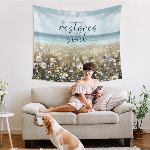 WARDOS Coastal Christian Tapestry, He Restores My Soul Bible Verse Tapestry Wall Hanging, Daisy Flower Field Religious Scripture Wall Blanket Decor for Home Beach Bedroom Cabin, 50x60 Inch - color: flower seven