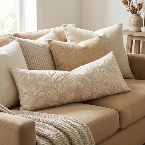 BlissBlush 14x36 Lumbar Pillow Cover for Bed, Rectangular Decorative Long Throw Pillowcase, Embroidered Farmhouse Accent Cushion, Beige Neutral Floral Tufted (Cover Only) - color: Beige Cream, size: 36" x 14" (Pack of 1)