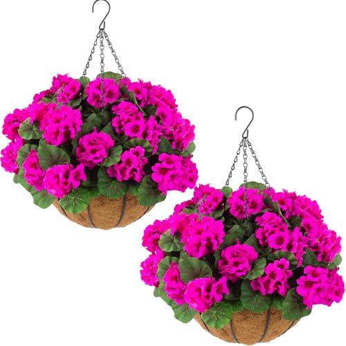 Hananona 2 Set Artificial Outdoor Geraniums Flowers with Hanging Basket, 2 Hanging Planters with 12 Pcs Red Geranium Flowers for Spring Summer Front Porch Garden Patio Home Decor (2, Rose Red) - color: Rose Red