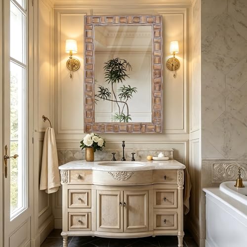 36x24 Inch Rustic Rectangle Wall Mirror - Solid Wood Frame Bathroom Vanity Mirror for Over Sink, Entryway, Living Room & Bedroom - color: C - Rectangle - 36x24 in