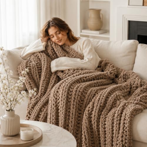 Battilo Chunky Knit Throw Blanket for Couch, Hand Made Chenille Throw Blanket, Super Soft Warm Cozy Taupe Blanket for Bed, Sofa, Living Room, 50"x60" - color: Taupe