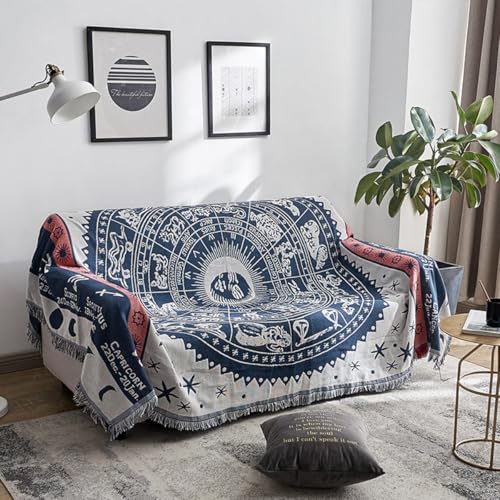 LumiSyne Cotton Woven Throw Blanket With Tassel Double-Sided Jacquard Bohemian Geometric Pattern Vintage Ethnic Style Decorative Throws For Sofa Bed Armchair Camping Blanket Tapestry Tablecloth Carpet - color: Blue White Constellation, size: 90×90cm