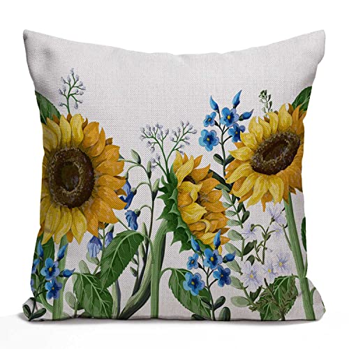 Nphuriy Ink Painting Watercolor Yellow Sunflowers Blue Flowers Summer Decorative Throw Pillow Cover Case Cushion Home Living Room Bed Sofa Car Cotton Linen Square 16 x 16 Inches - color: Multi 41