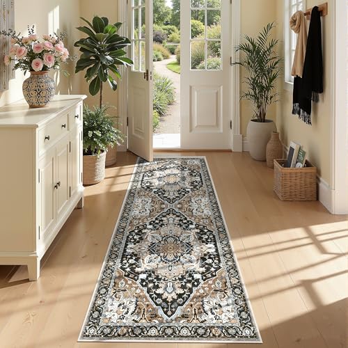 2x6 Black Boho Runner Rug - Washable Non-Slip Low Pile Hallway & Kitchen Rug - Stain Resistant Pet & Kids Friendly Carpet for Bedroom Side, Laundry, Bathroom, Foldable Long Floor Mat, Black Multi - color: Black & Multi, size: 2' x 6' (Runner)