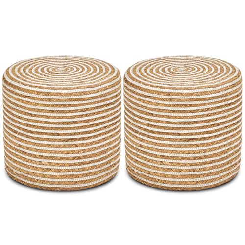Wimarsbon 2Pcs Pouf Ottomans, Natural Seagrass Foot Stool, Hand Weaving Round Ottoman, Boho Decorative Seat, Jute Braided Pouffe Poof Accent Sitting Footrest for Living Room (18inch 68LI) - color: 18inch Water Hyacinth Braid & White Cotton
