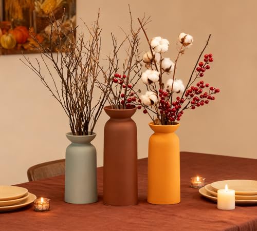 Modern Ceramic Vase for Home Decor Farmhouse Vases Set of 3 Terracotta Decorative Pottery Boho Grass Living Room Kitchen Bedroom - color: 12 Brown/Yellow/Green