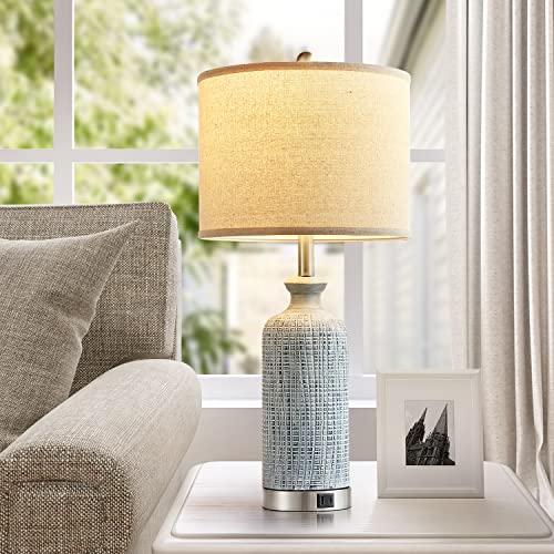 Living Room Lamps Set of 2, 27" Touch Lamps for Nightstand with USB A+C Ports, Modern Farmhouse Table Lamps for Bedroom, 2 Bulbs Included - color: Blue