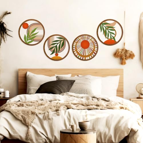 Zzbakress 4 Pcs Boho Wall Decor Rustic Wooden Hollow Bobo Wall Art Bohemian Bedroom Decor 10 inch Farmhouse Wall Hanging Decor Boho Minimalist Wall Art for Bedroom Living Room (Rustic, 4)