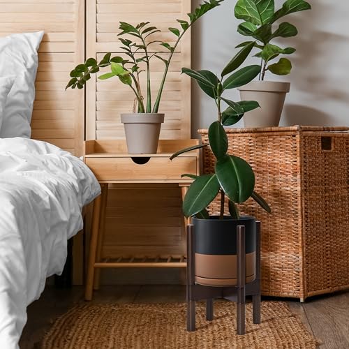 D'vine Dev Ceramic Planter with Walnut Color Stand - 8 Inch Modern Round Flower Pot with Wood Planter Holder, Black/Speckled Tan, 55-B-Y-7 - color: Black/Speckled Tan Pot + Walnut Color Stand, size: 8 Inch