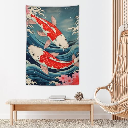 QEOPGNE Large Wall Tapestry Koi Fish Japanese Great Waves Cherry Blossom Retro Large Tapestry Wall Decor for Bedroom Aesthetic Living Room Decor for Men And Woman 40""x60"", style - color: Style, size: 60"L x 40"W