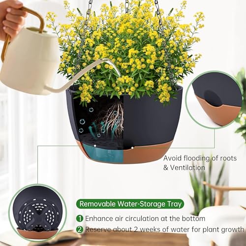 Set of 2 Hanging Planters for Indoor Outdoor Plants, 10 Inch Self-Watering Hanging Flower Pots with Drainage Hole & Removable Water-Storage Tray (Hooks) - color: Dark Grey, size: 10 Inch (M)
