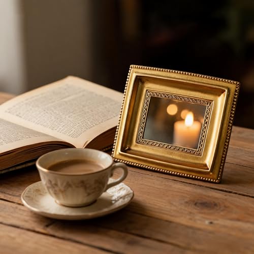 Golden Mini Vintage Mirror with Exquisite Relief Elegant Wall Decor for Bedroom Dresser Table Compact Resin Retro Design (Gold Rectangle, 4.5X5.5) - color: Gold Rectangle