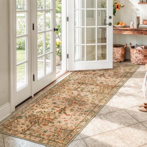 Morebes Boho Floral Runner Rug Non Slip, Washable Flower Long Bathroom Rugs Runner 2x6, Soft Botanical Flower Birds Indoor Throw Carpet for Entryway Hallway Bedroom Laundry Room, Brown - color: Brown, size: 2' x 6' (Rectangular)