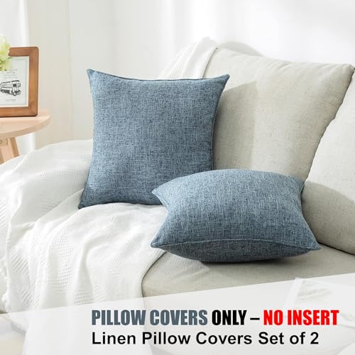 HPUK Linen Throw Pillow Covers Pack of 2, 20x20 Inch Accent Cushion Covers for Living Room, Bedroom, Decorative Solid Color Pillow Covers for Couch, Sofa, Chair, Blue - color: Blue-2pack, size: 20" x 20" (Pack of 2)