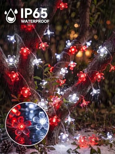 Flower Battery Operated Indoor String Lights 30LED Cherry Blossom Fairy Lights Waterproof Outdoor for Party Birthday Wedding Christmas Valentine's Day Home Decoration Red White - color: Red-White