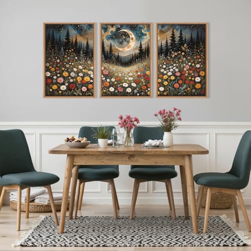 HPINUB Wildflower Moon Forest Framed Canvas Wall Art Set,Nature Pine Tree Wall Decor,Mystical Starry Night Artwork Rustic Mountain Landscape Art Print for Living Room,Bedroom,Office-16 x24 x3 - color: Wildflower Moon Wall Art, size: 16"L x 24"W