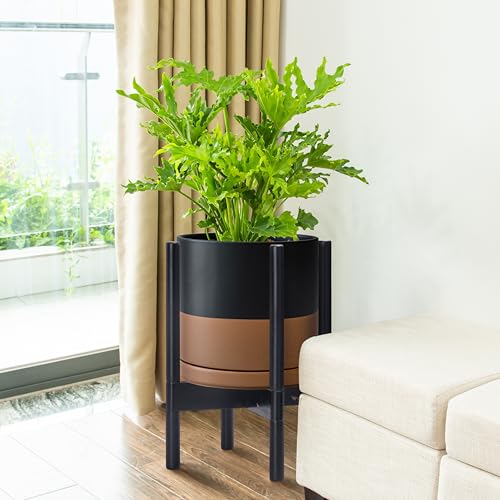 D'vine Dev Ceramic Planter with Ebony Stand - 10 Inch Modern Round Flower Pot with Wood Planter Holder, Black/Speckled Tan, 55-B-L-7 - color: Black/Speckled Tan Pot + Ebony Stand, size: 10 Inch