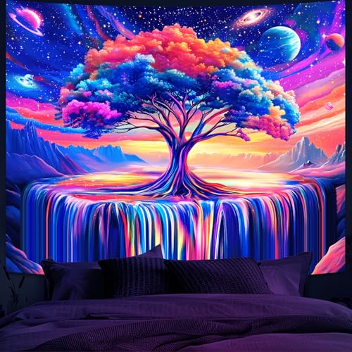Alened Blacklight Tree of Life Tapestry for Bedroom,Space Galaxy Aesthetic Wall UV Reactive Tapestries, Colorful Starry Sky Wall Hanging psychedelic Waterfall Tapestry (60'' x 79'') - color: Black Waterfall Tapestry, size: 79"L x 60"W