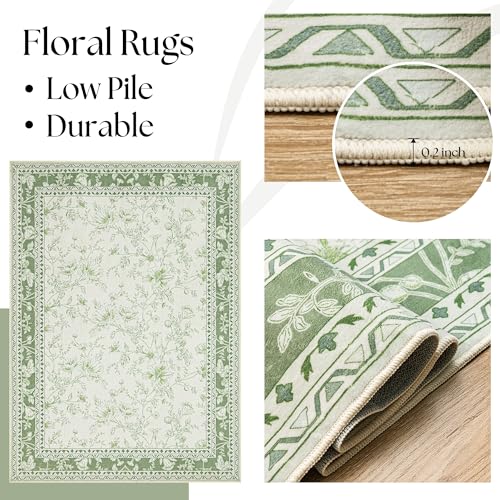 Green and Cream Area Rug 3x5 for Entryway Machine Washable Small Rug for Indoor Kitchen Bedroom Low Pile Vintage Peony Floral Print for Dining Living Room Non-Slip Sage Light Green Boho Decor - color: Sketch Floral Sage Green, size: 3' x 5' (Rectangular)