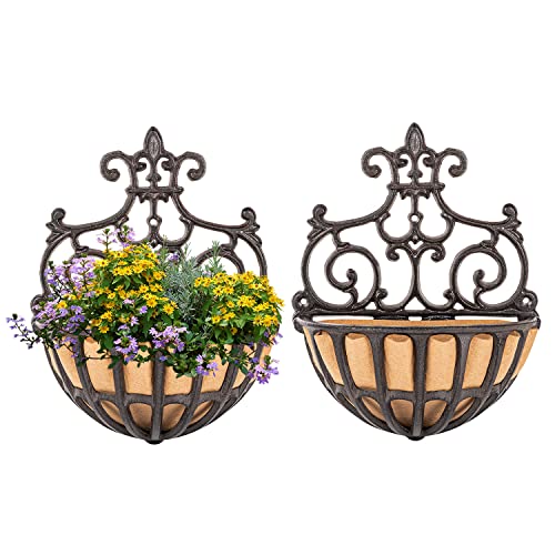 Sungmor 2PC Small Cast Iron Baskets, Heavy-Duty Wall Hanging Hollow Planter w/Fabric Liner, Antique Victoria Half Round Wall Pot Plants Holder, Outdoor Railing Fence Balcony Hanging Basket Flower Pot - color: Rustic Brown - Small