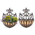 Sungmor 2PC Small Cast Iron Baskets, Heavy-Duty Wall Hanging Hollow Planter w/Fabric Liner, Antique Victoria Half Round Wall Pot Plants Holder, Outdoor Railing Fence Balcony Hanging Basket Flower Pot - color: Rustic Brown - Small