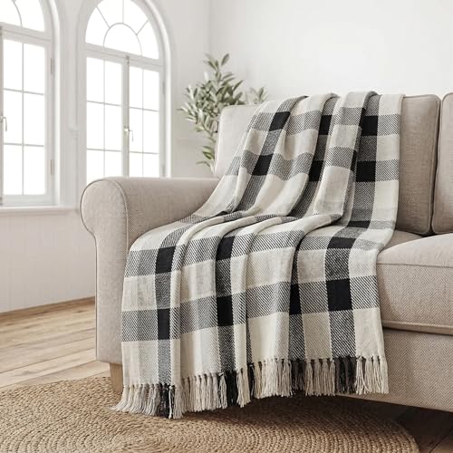 Americanflat 50x60 Throw Blanket - Soft and Breathable Cotton Throw Blanket for Couch, Bed, Chair - Decorative Blankets Perfect for Home, Office, or Outdoor Use - Black, Cream and Beige Plaid Design - color: Black, Cream & Beige Plaid