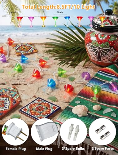 LED Cocktail Glass String Lights, 8.5Ft Tropical Beach Themed Margarita Drink String Lights Plug in with 10 Multicolor Cup, Summer Hawaiian Lights for Camping Tent Holiday Party Garden Outdoor Decor - color: Multicolor Cocktail