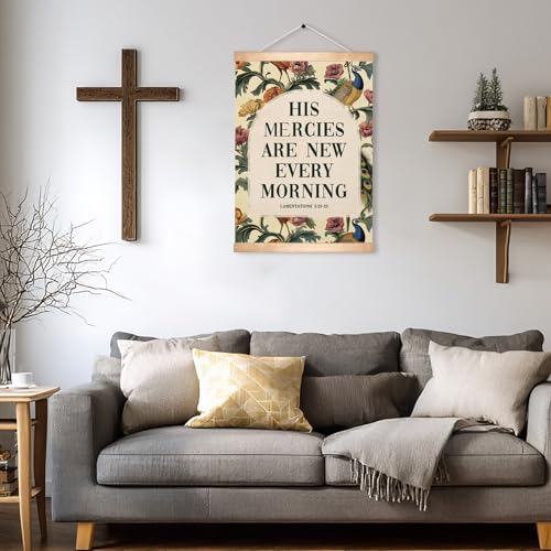 Vintage Christian Poster Wall Art Decor, Inspirational Christian Bible Verse - His Mercies Are New Every Morning Boho Wall Art Framed Decor,Peacocks and Floral Canvas Poster for Bedroom Living Room Office 14x18.5inch - color: Green- His Mercies