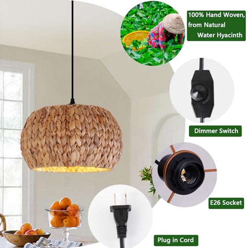 HuisMier Rattan Plug in Pendant Light Boho Hanging Lights with 15 Ft Plug in Cord & Dimmable Switch, Hand Woven Lampshade Boho Hanging Lamp for Kitchen Island Dining Room Bedroom - color: Brown Drum