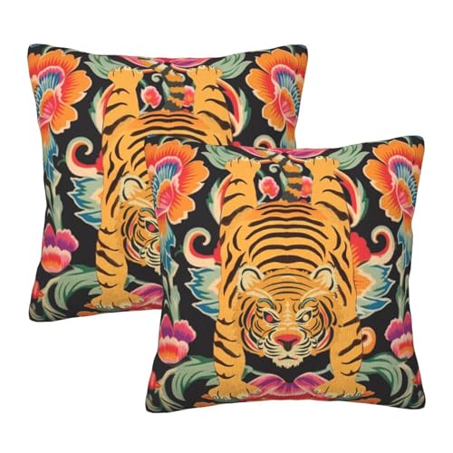 Tiger Throw Pillow Covers 18x18 Set of 2 Spring Floral Decorative Pillow Covers Animal Farmhouse Cushion Cover for Sofa Couch Bed Home Decor - color: Tiger, size: 18" x 18" (Pack of 1)