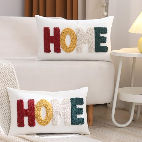 LUOYEHK Home Pillow Covers 12x20 Inch Set of 2 Words Tufted Embroidery Throw Pillow Covers Neutral Decorative Pillowcase Farmhouse Cushion Covers for Couch Sofa Bed Living Room - color: Home, size: 20" x 12" (Pack of 2)