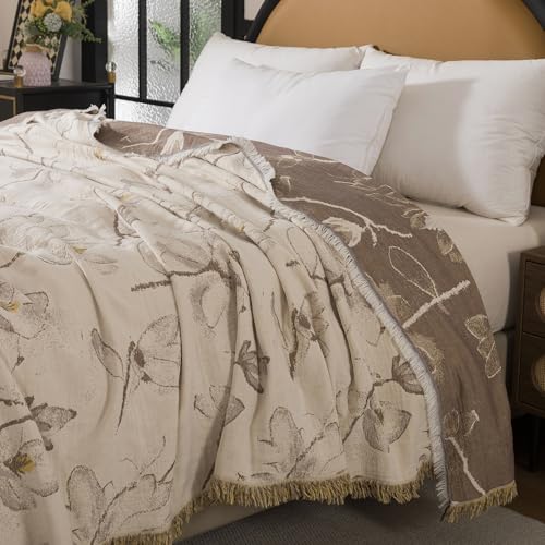 Lemfux 4-Layer 100% Cotton Muslin Cooling Blanket, Boho Floral Gauze Throw with Fringe, Ultra Soft Breathable Lightweight Bedspread Coverlet for Bed Sofa Couch - color: Magnolia Floral, size: 60"x80"