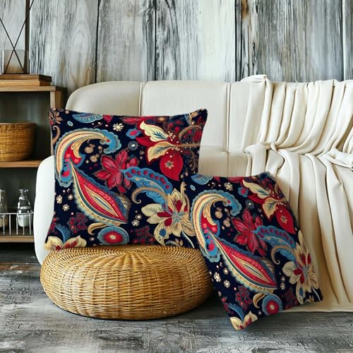 Firmiso Paisley Boho Throw Pillow Covers 18x18 Set of 2｜Decorative Cushion Covers for Couch Sofa Bed｜Vintage Floral Paisley Pillow Cases｜Navy Red Gold Bohemian Home Decor Accent - color: Paisley Boho
