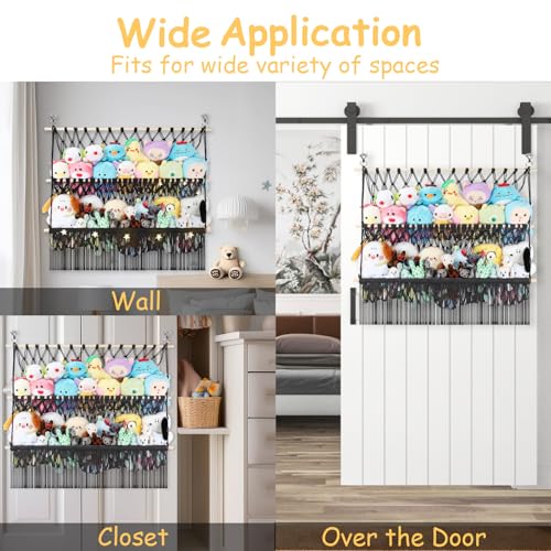 2 Tier Stuffed Animal Storage Shelf Net, 35x30'' Large Plushie Net w/ 2.4/1'' Dense Mesh for Mini Medium Stuffy Teddy, Black Boho Macrame Toy Holder Display w/ Lights&Clips for Nursery Kid Girl Boy - color: Black, size: Large-2 Tier-35x30 Inch