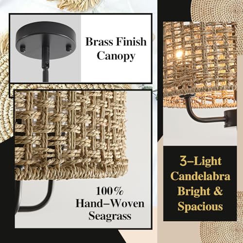 3-Light Rattan Chandelier for Dining Room, Boho Chandelier, Coastal Hand Woven Pendant Light Fixture for Kitchen Island Entryway Foyer Living Room Bedroom UL Listed Black - color: Black, size: 12.6"
