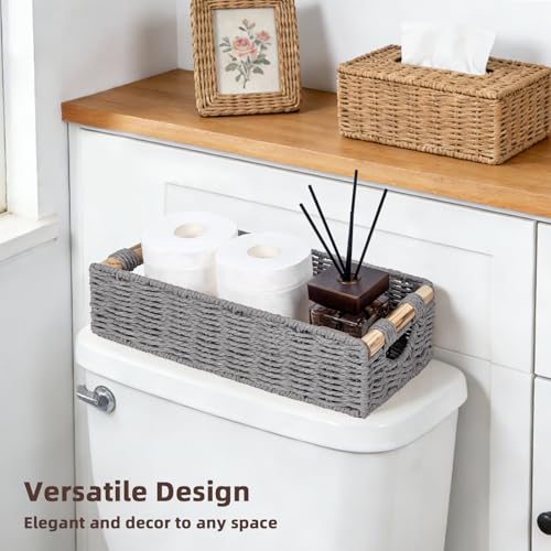 CubesLand Back of Toilet Storage Basket for Organizing w/Cut Out Handle, Handwoven Toilet Tank Top Paper Baskets, Small Wicker Decorative Basket for Countertop, Home, Living Room, Nursery, Grey - color: Grey, size: S-12.99" (L) X 6.29" (W) X 3.15" (H)