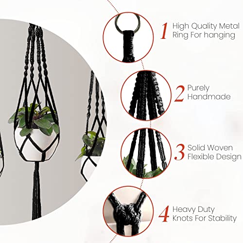 Feedee Macrame Plant Hangers - 6 Pack, Black, Indoor/Outdoor, Cotton - color: Black, size: Pack of 6