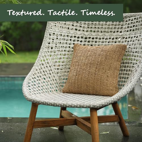 Raffia Hand Knitted Pillow Cover, 18x18 – Boho Decorative Cushion Cover for Couch, Sofa or Bed, Rustic Natural Throw Pillow Case