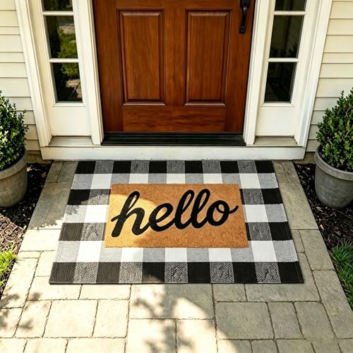 MUBIN Cotton Buffalo Plaid Rug, 27.5x43 Black and White Outdoor Rug Front Door Decorative Mat, Washable Doormat Foldable Area Rug Layered Door Mats Rug for Front Porch, Entryway, Patio - color: Black White Plaid, size: 2'3" x 3'7" (Rectangular)