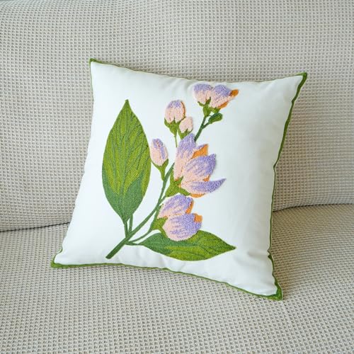 vctops Farmhouse Hibiscus Flowers Cotton Tufted Throw Pillow Cover Spring Floral Embroidery Pillowcase Soft Square Cushion Case for Sofa Couch Bed Chair (Pink Purple,18"x18") - color: Pink Purple