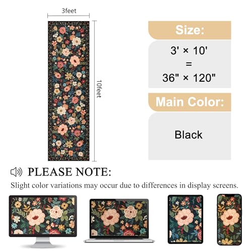 DUKINO 3x10 Runner Rug for Hallway, Washable Kitchen Floral Runner Rug with Non Slip Backing, Low Pile Soft Boho Carpet for Kitchen, Hallway, Entryway, Laundry, Bedroom, Black - color: Black, size: 3' x 10' (Rectangular)
